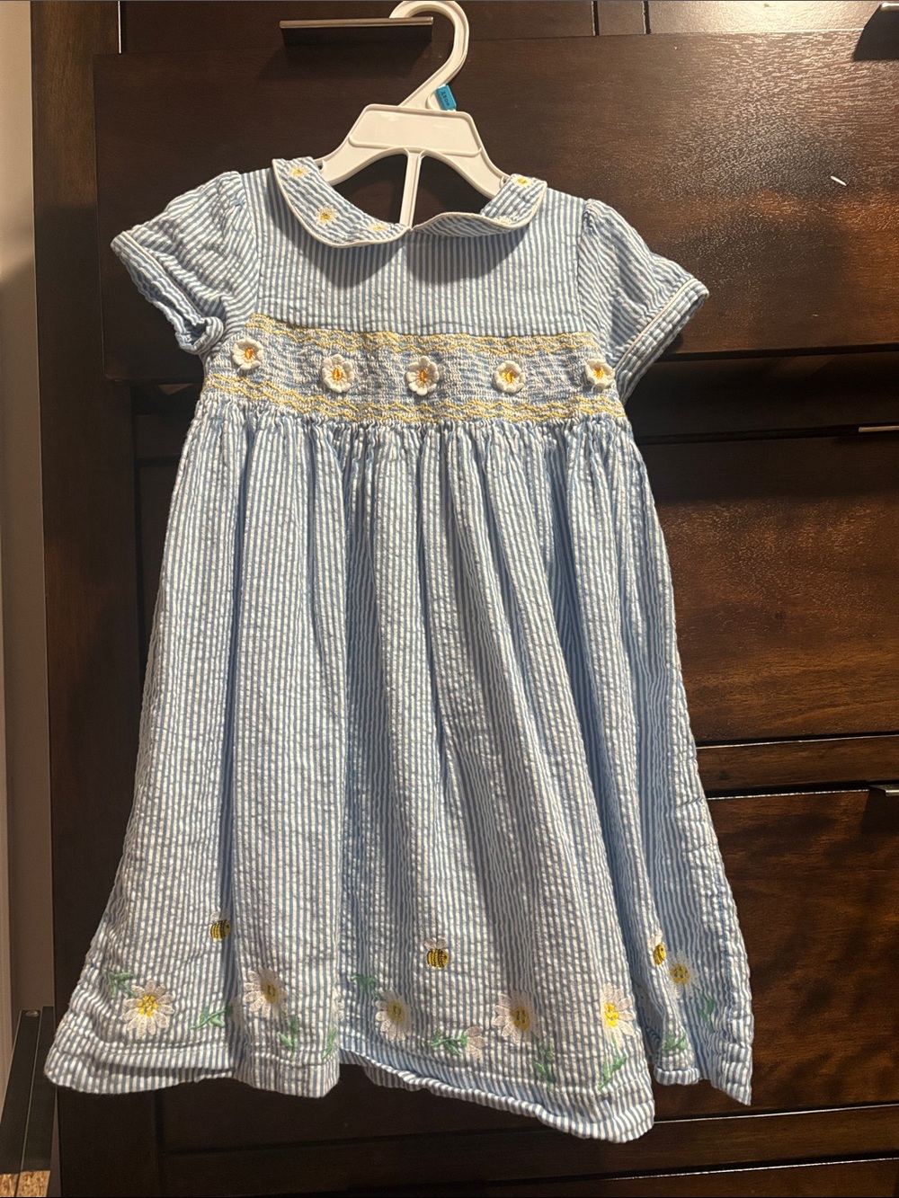 JoJo Maman Bebe Light Blue Striped Daisy Smocked Dress
